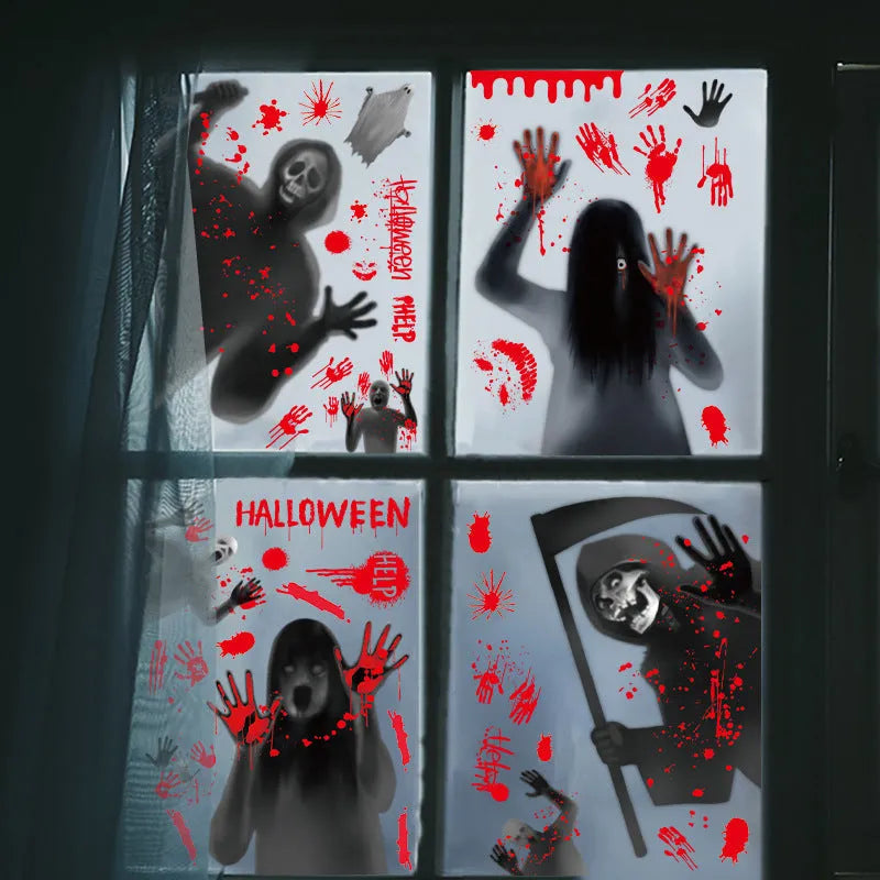 Set of six Halloween electrostatic window stickers featuring female ghost and skull motifs in American style, available in multiple colour combinations