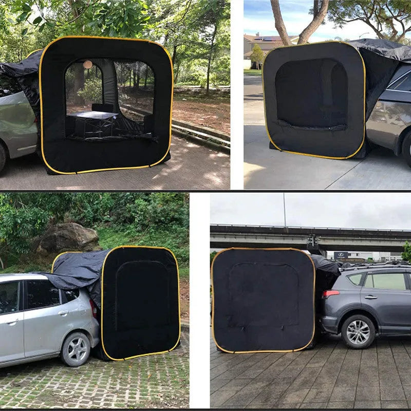 Black pop-up car tail tent with quick throw setup shown unfolded to 200x200x200cm dimensions
