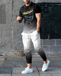 Men's short-sleeved round neck T-shirt and full-length trousers set in a solid colour.