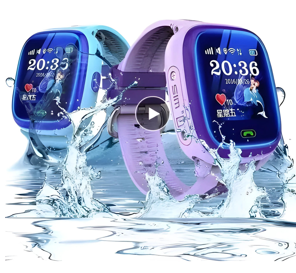 DF25 blue waterproof children's smart watch with touch screen and silicone wristband showing SOS and location tracking features