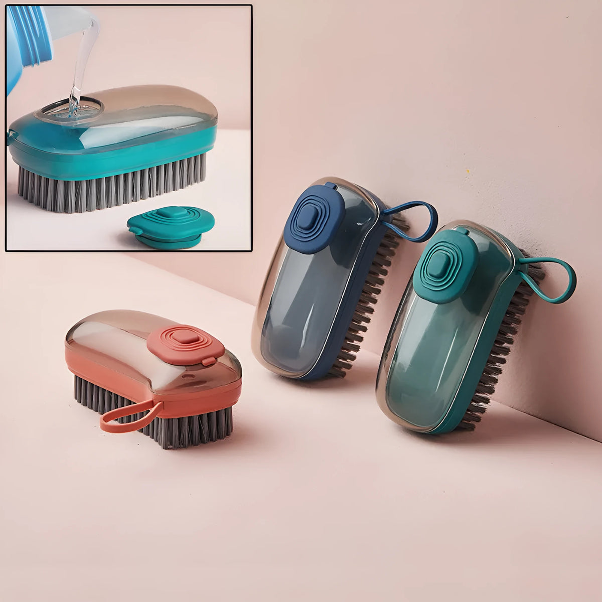Automatic liquid cleaning brush with ergonomic grip in blue, green or red colours for shoes and laundry