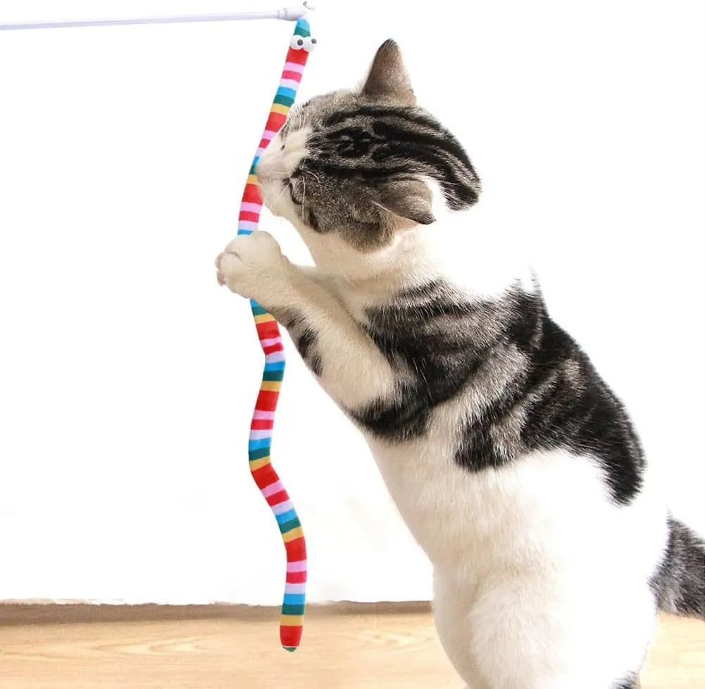 Cat wand toy with polycarbonate handle and colourful plush strip for interactive play