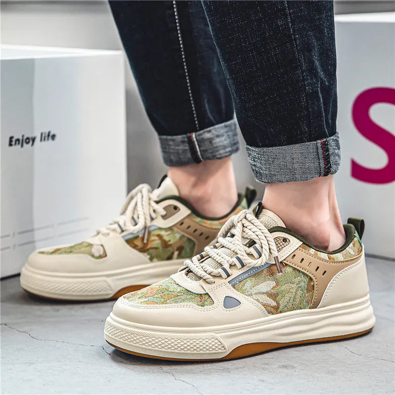 Canvas casual shoes in Milan green and beige colours with round toe and flat heel design