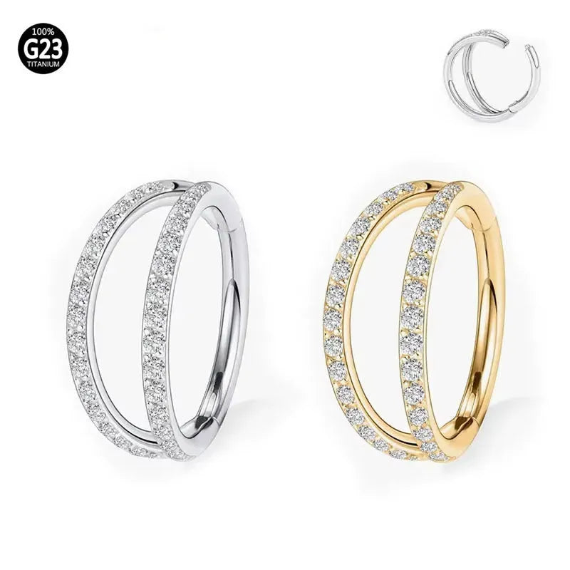 Titanium alloy nose ring with monoclinic diamond finish in gold and steel colour options showing precise measurements