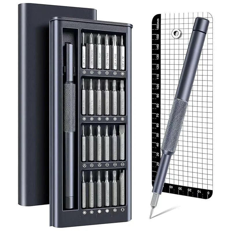 25-in-one magnetic screwdriver set with chrome vanadium steel bits and black ABS handle measuring 110mm