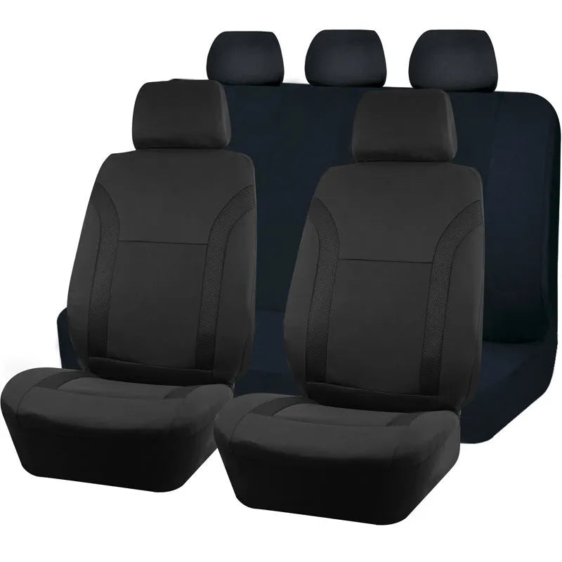 Polyester universal car seat cover with eyelet stitching in blue, showing sponge backing and dimensions.
