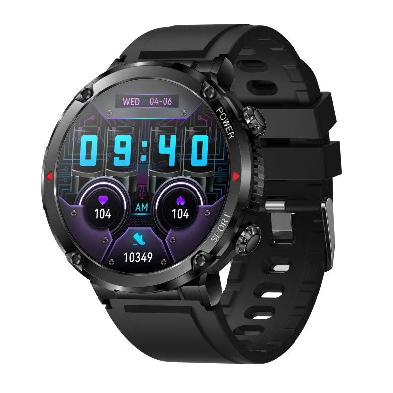 T30 Smart Watch with black silicone strap showing time on circular IPS touch screen