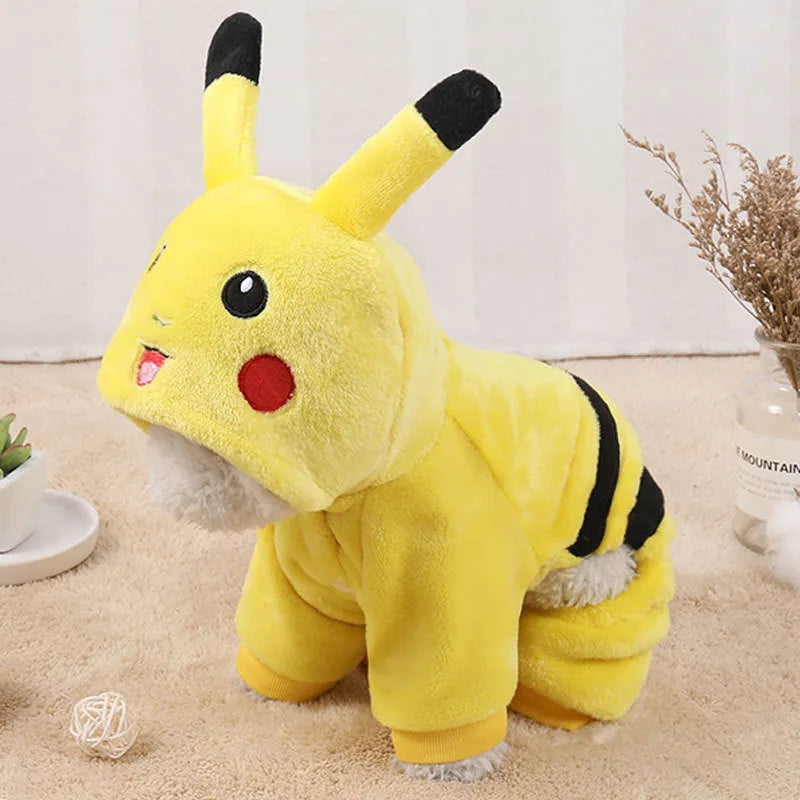 A cat or small dog wearing a soft fleece hoodie coat in a cartoon cosplay style.