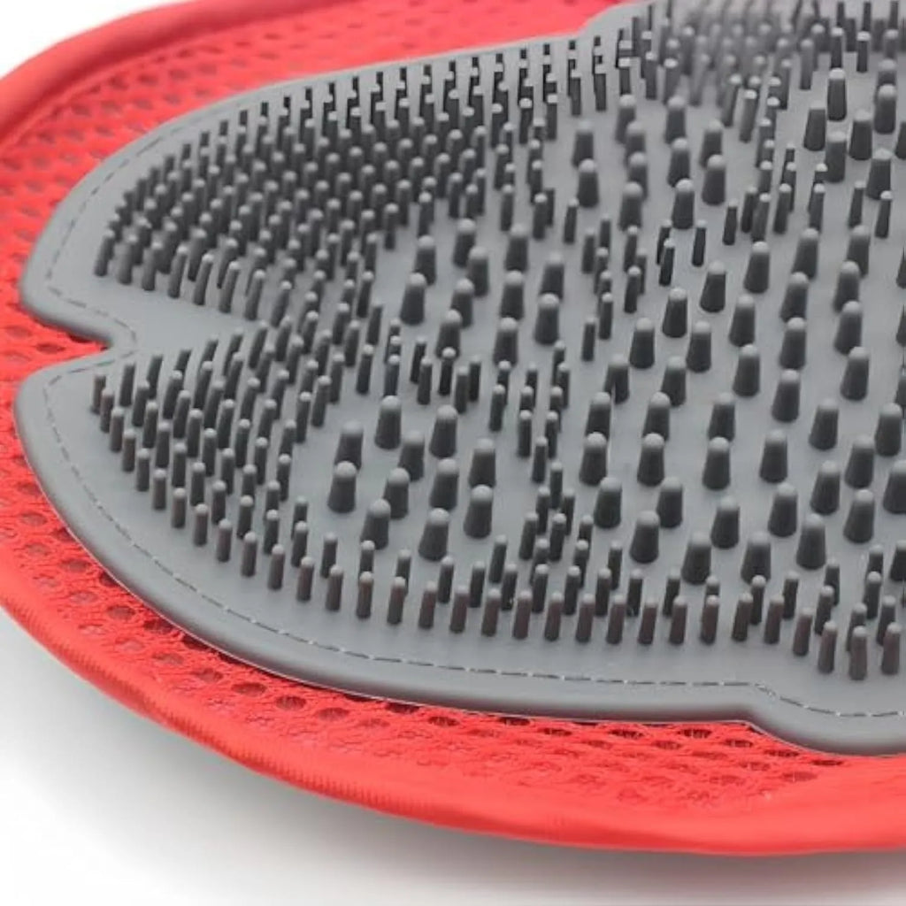 Red pet bathing glove with integrated cleaning brush bristles for dog and cat grooming
