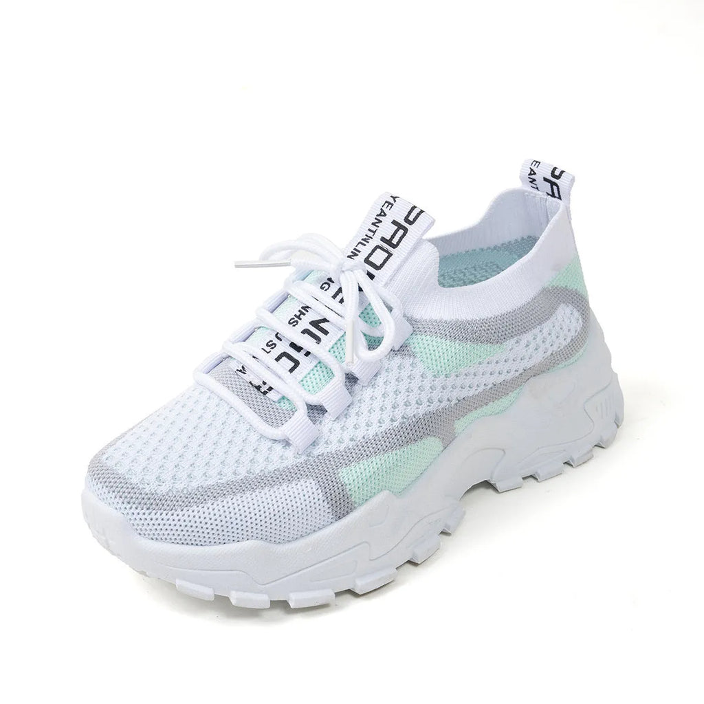 Women's Flyknit mesh lace-up sneakers in various colours on a flat rubber sole.