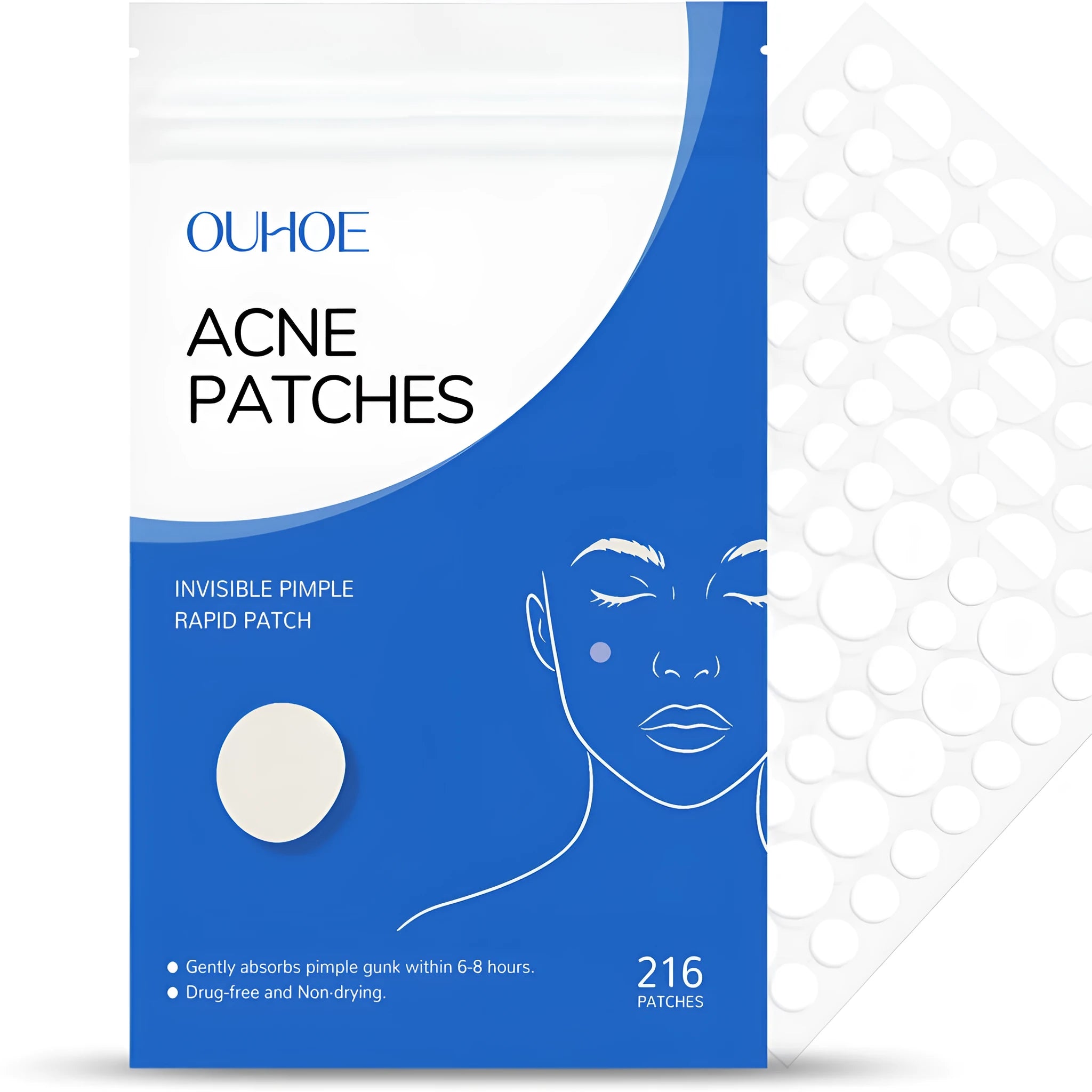Pack of 216 hydrocolloid acne patches for spot treatment with tea tree oil and salicylic acid.