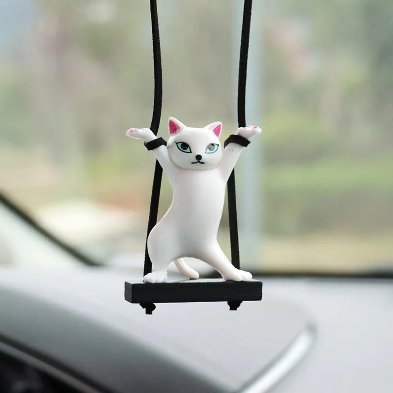 Cartoon-style resin cat pendant for car interior decoration with an adjustable rope, shown in black colour