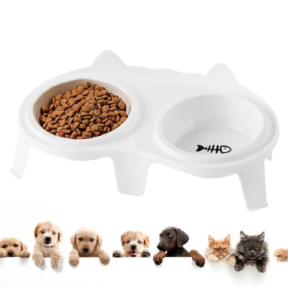 Ceramic cat bowl set with elevated tilted feeding stand in blue, pink, white, and yellow colour options