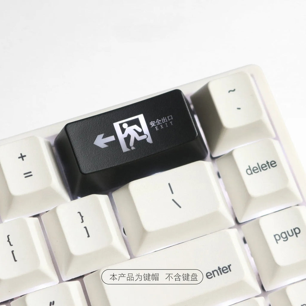Transparent mechanical keyboard key cap with red evacuation exit symbol for backspace key