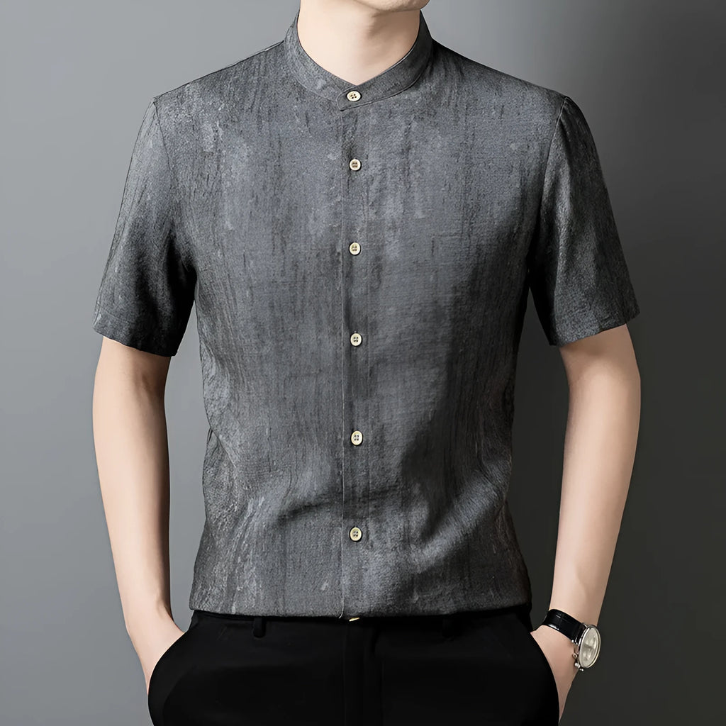 Men's loose fit linen-style shirt in chemical fibre blend fabric with stand collar and short sleeves