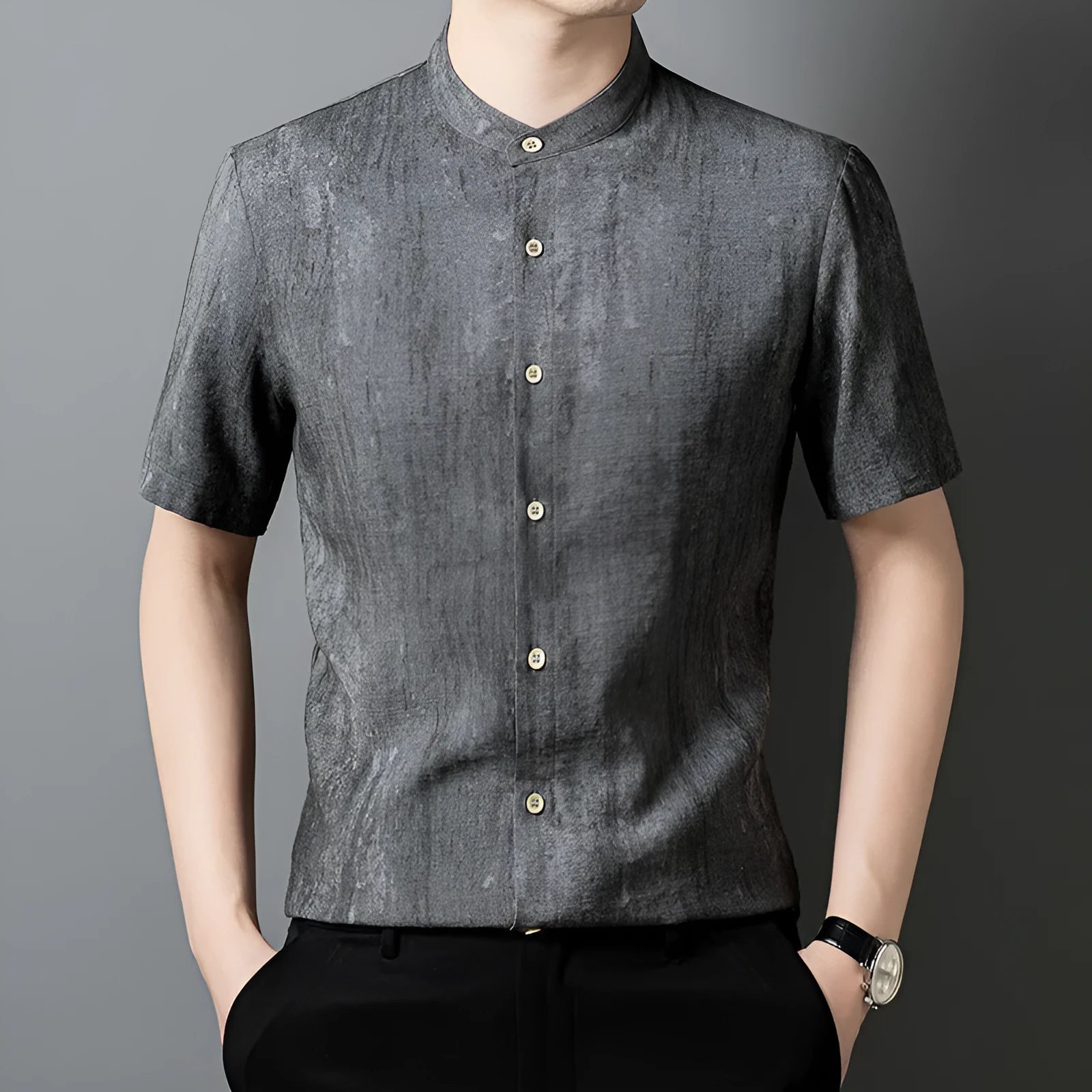 Men's loose fit linen-style shirt in chemical fibre blend fabric with stand collar and short sleeves