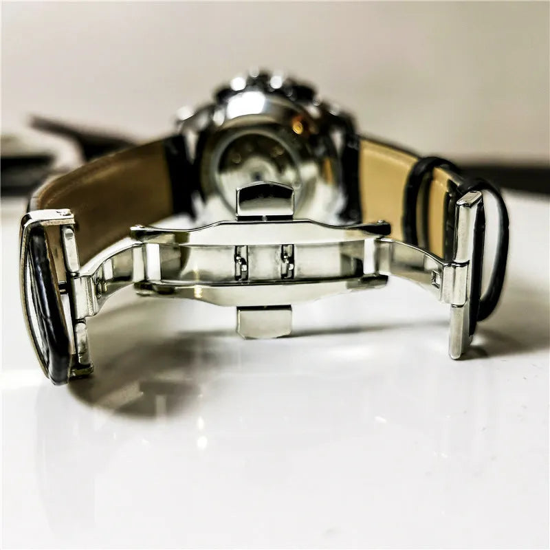 Men's automatic mechanical watch showing 12mm thickness with black steel, natural silver, and gold steel colour options