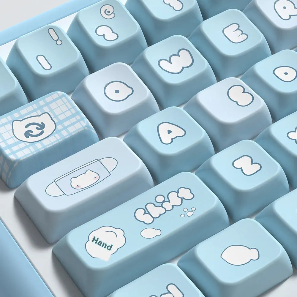 Watercolour kitten design custom keycap set for mechanical keyboards, showing PBT material and sublimation print.