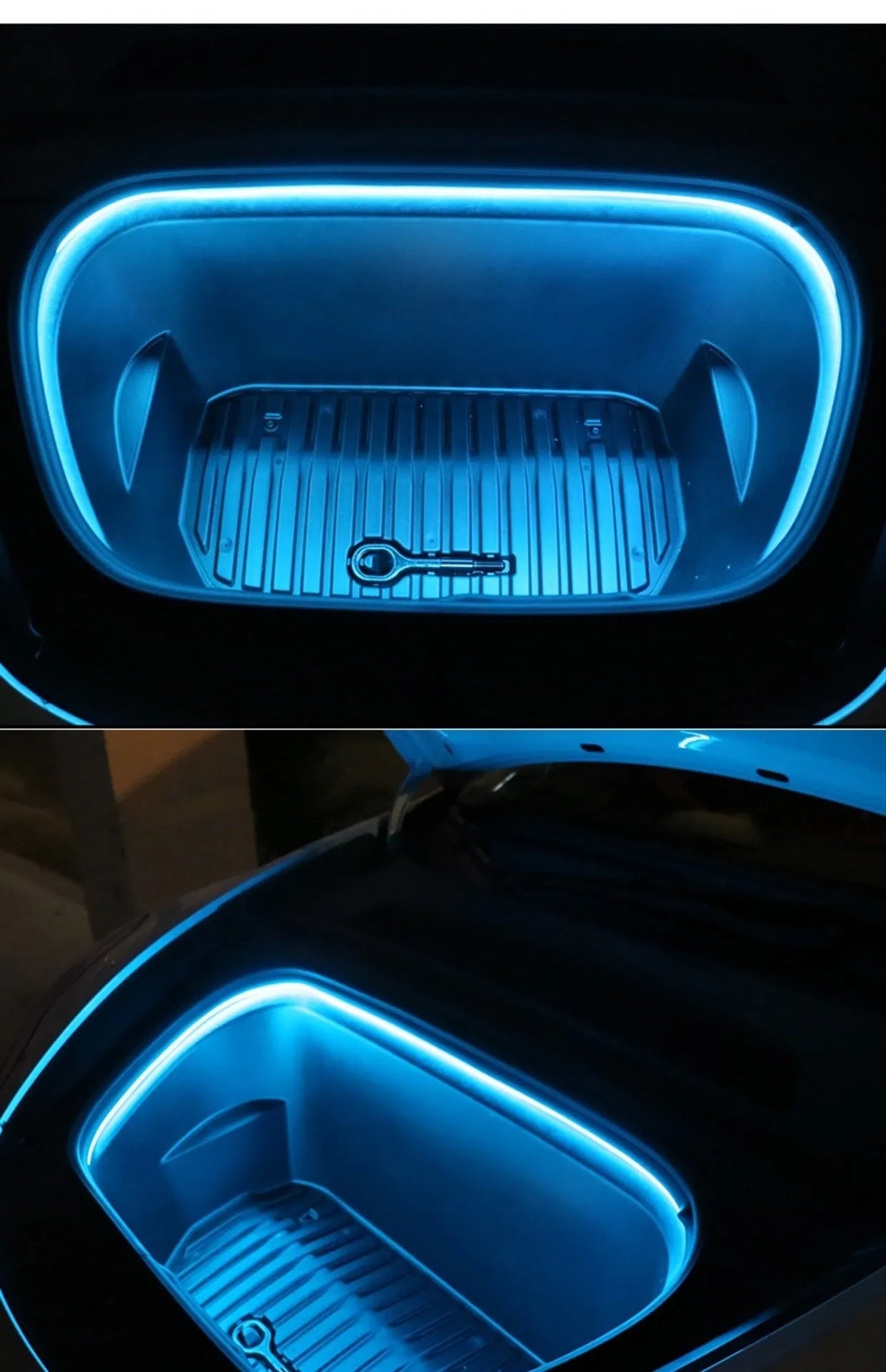 Tesla Model 3 Y front backup box ambience interior light kit with soft silicone bar in ice blue, pure white, and warm white