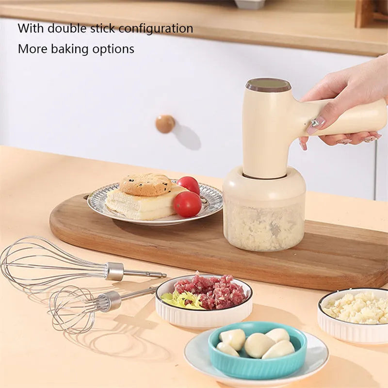 Beige yellow USB rechargeable electric garlic chopper with 250ml cup and 304 blade on a kitchen counter