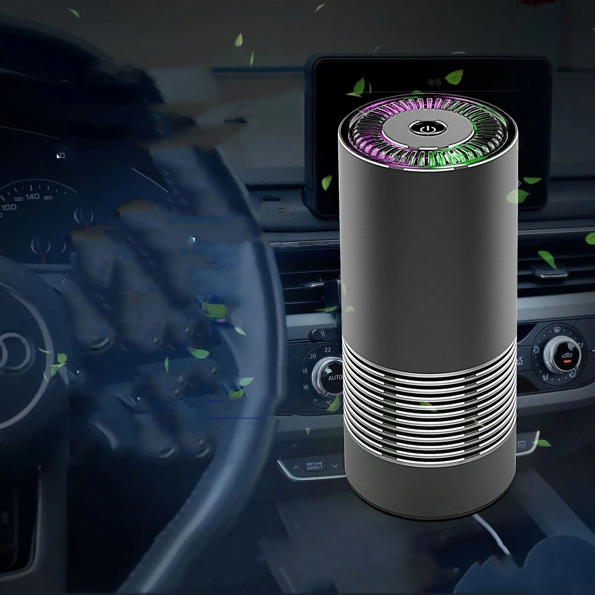 Compact aluminium alloy car air purifier in black, silver, or metallic grey for dashboard use.