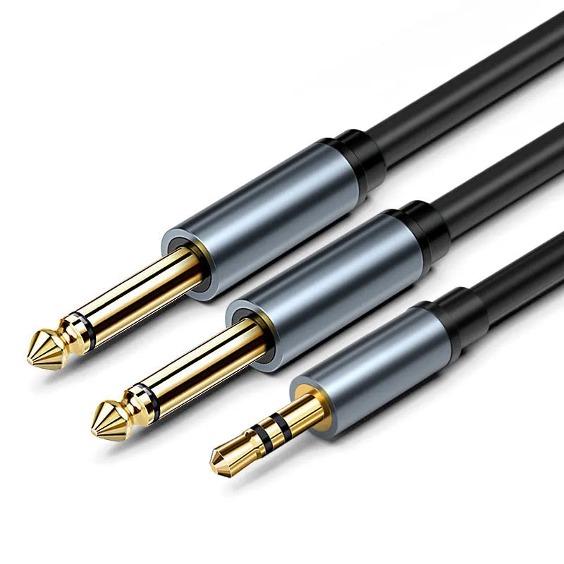 3.5mm to two 6.35mm male plug audio Y-cable in black with gold-plated connectors.