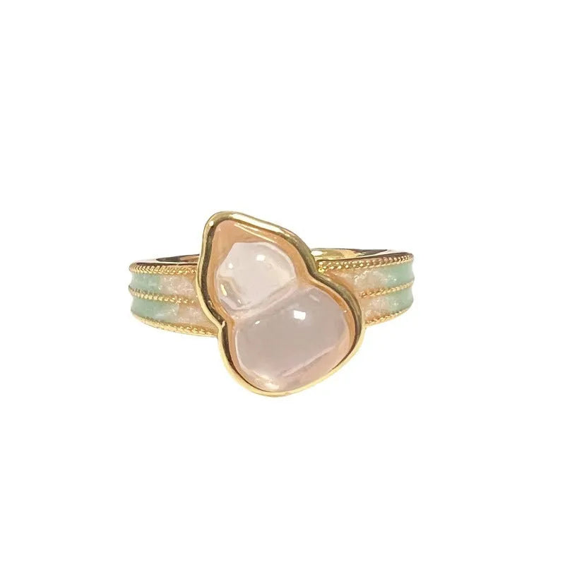 Adjustable copper ring with vintage gourd, flower and bow designs featuring inlaid zircon accents