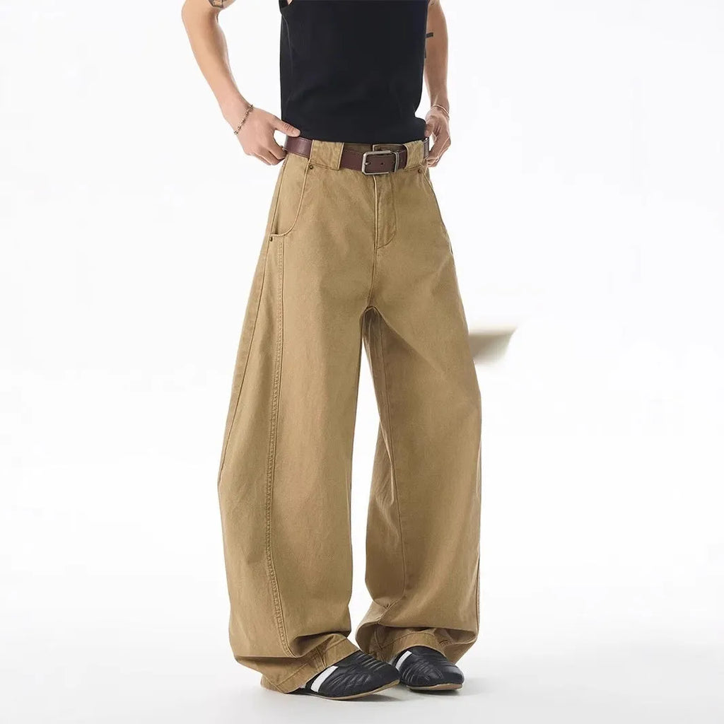 Brown Korean style men's loose jeans with straight leg design and button fly