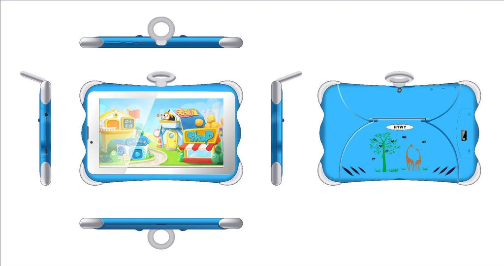 7-inch children's learning tablet in cartoon colours with integrated stand showing on-screen educational content
