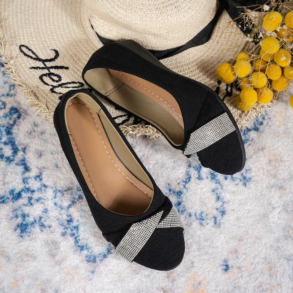 Women's black casual slip-on shoes with rhinestones and a chunky heel