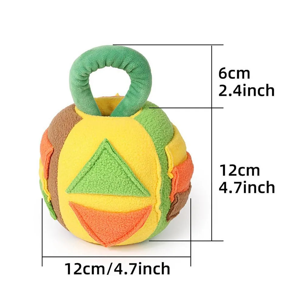Green and pink plush squeaky ball dog toy with treat pockets for small medium dogs