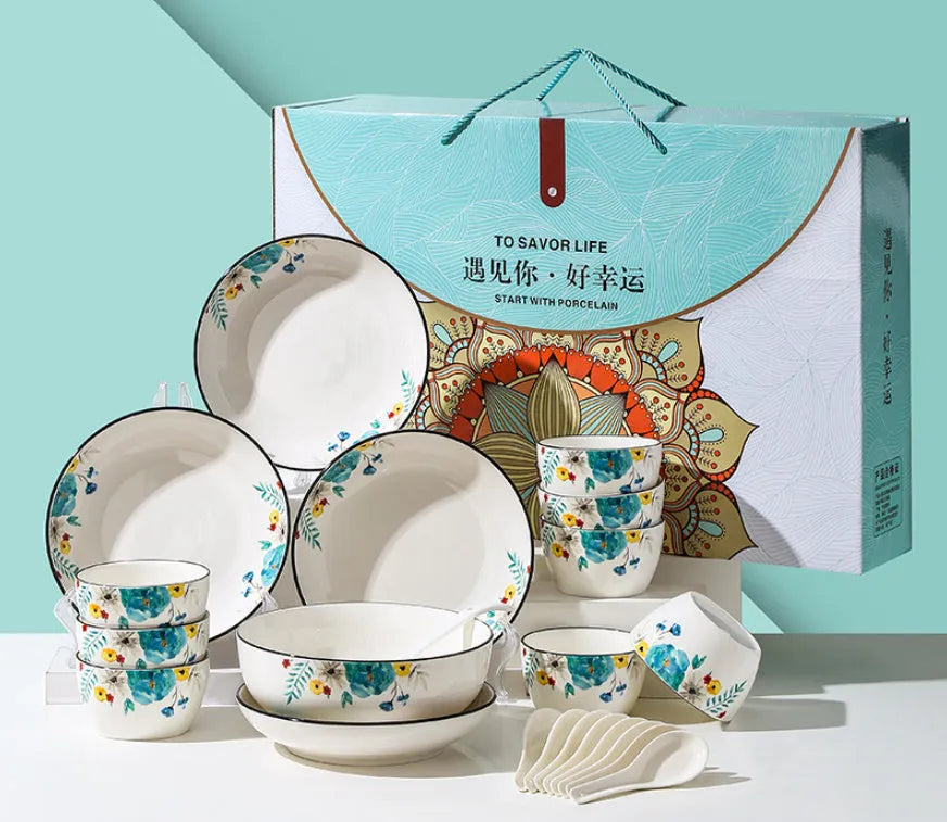Flower In Ink bone china 22-piece tableware set with floral design, porcelain bowls, spoons, plates