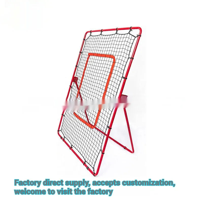 Red portable baseball training net with adjustable 4x6 foot metal frame folded to 95x16x14.5cm