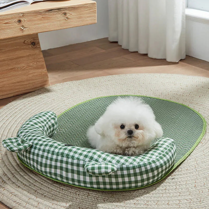 Green and yellow four-season dog cooling mat and pet bed in four sizes for small to extra-large dogs and cats.