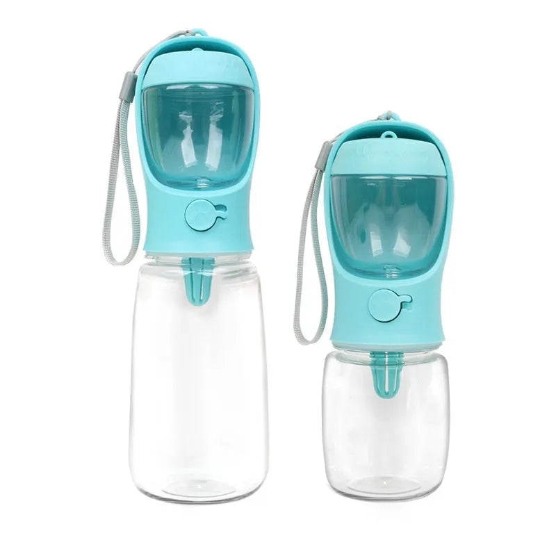 Blue portable dog drinking cup with split water grain design showing 550ml capacity markings