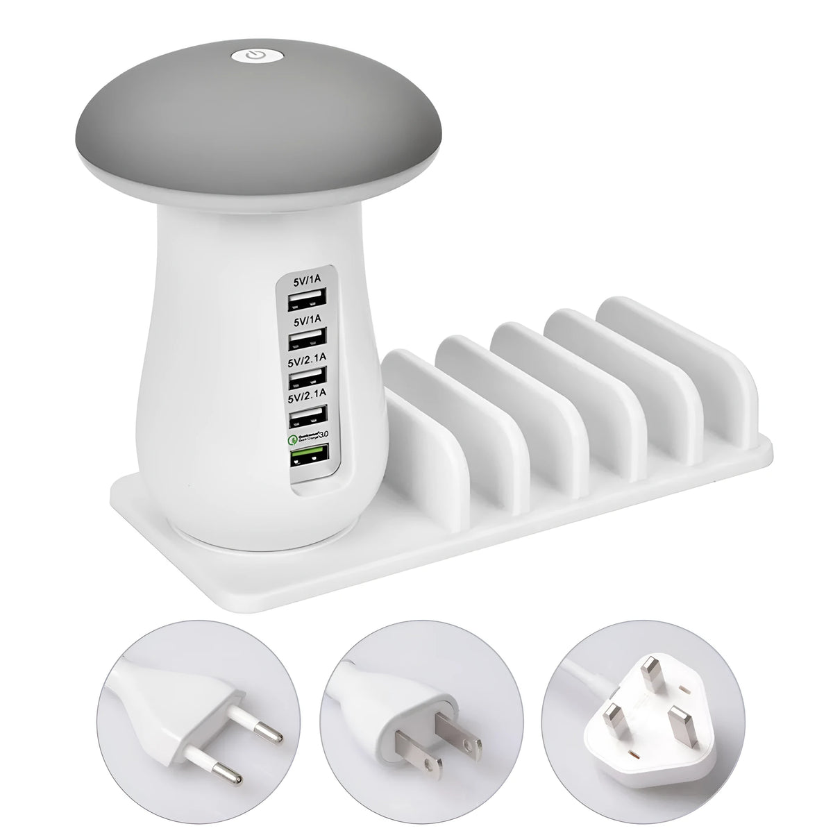 Besegad Mushroom shaped white USB charging dock station with 5 ports and built-in soft LED night light