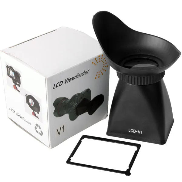 Black camera LCD viewfinder amplifier with optical lens, shown attached to a DSLR for outdoor video use.