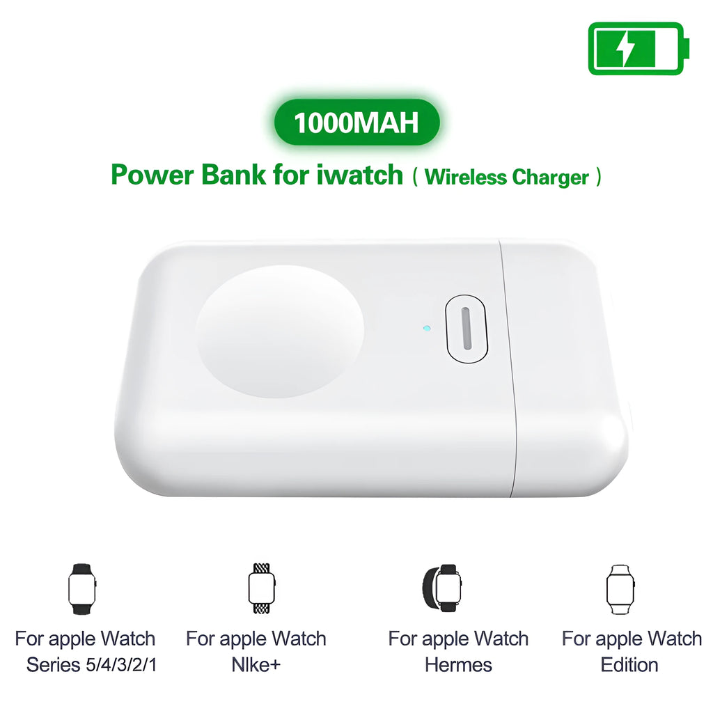 White 1000mAh mini wireless power bank for Apple Watch 1-5, 15 x 40 x 67 mm, magnetic portable charger.