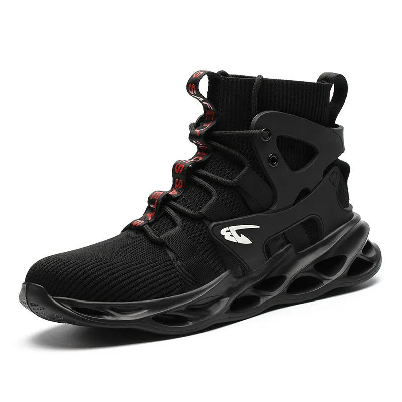 Black high-top safety shoes with steel toe, lace-up closure, and breathable mesh upper