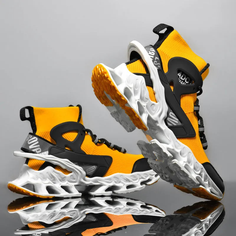 Ultra-light shock-absorbing running blade flyknit sneakers for men, black mid-top lace-up sports shoes with TPU TPR sole