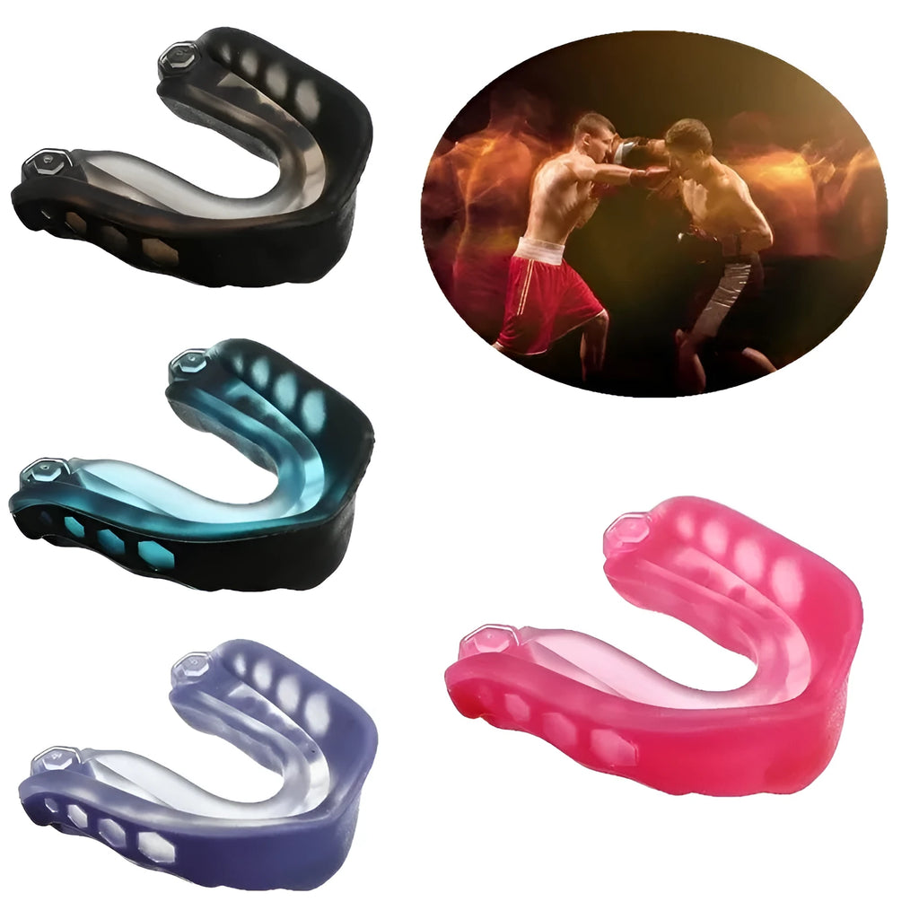 Silicone mouth guard in pink with transparent lockable storage box