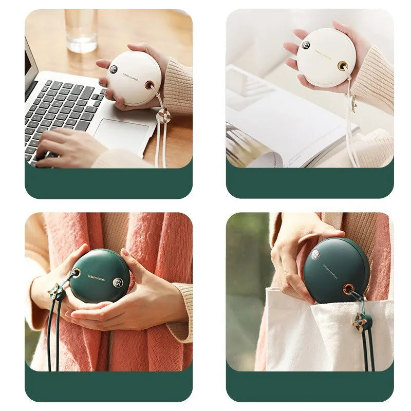 Green Pink or White coloured 5000mAh hand warmer power bank with digital display showing charge level.