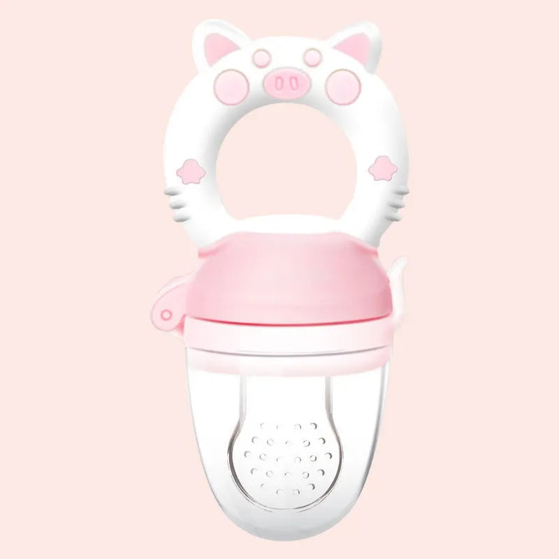 Silicone baby teether in blue, green, or pink colours with textured mouthpiece design
