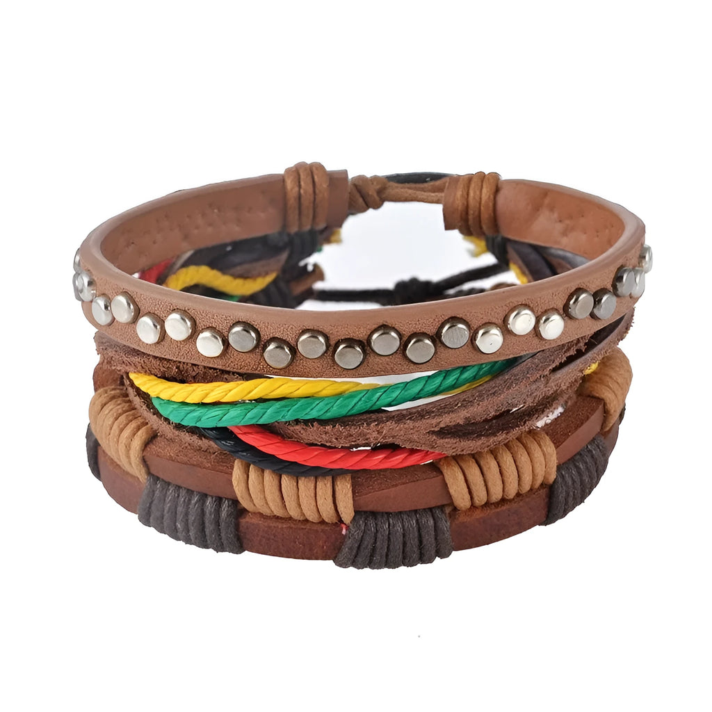 Adjustable brown leather wrap bracelet with wooden beads and hand-knitted cord design.