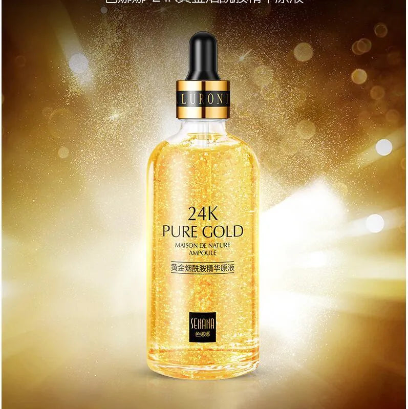 24K gold nicotinamide stock solution serum in bottle with dropper, lightweight gel formula for anti-aging and brightening