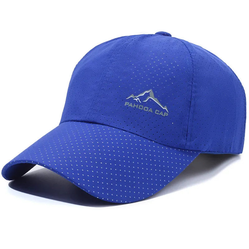 Adjustable polyester baseball cap with dome crown on a white background.