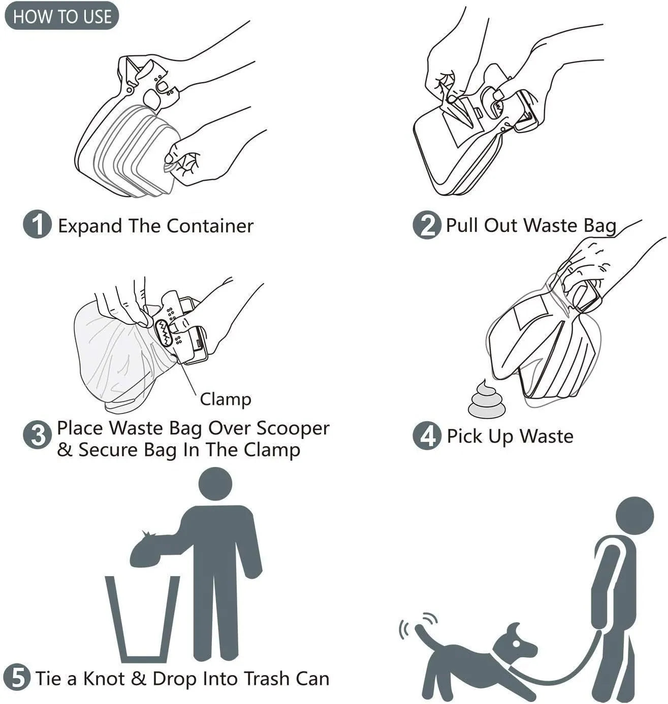 Portable handheld pooper scooper for dog waste with expandable container and bag attachment in grey, blue, green, or yellow