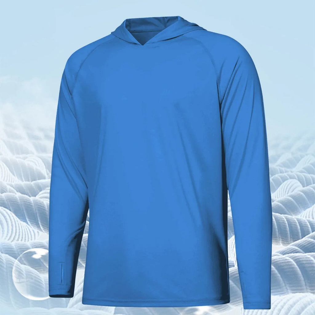 Long sleeve hooded outdoor top for UV protection during fishing and hiking, shown in a solid colour.