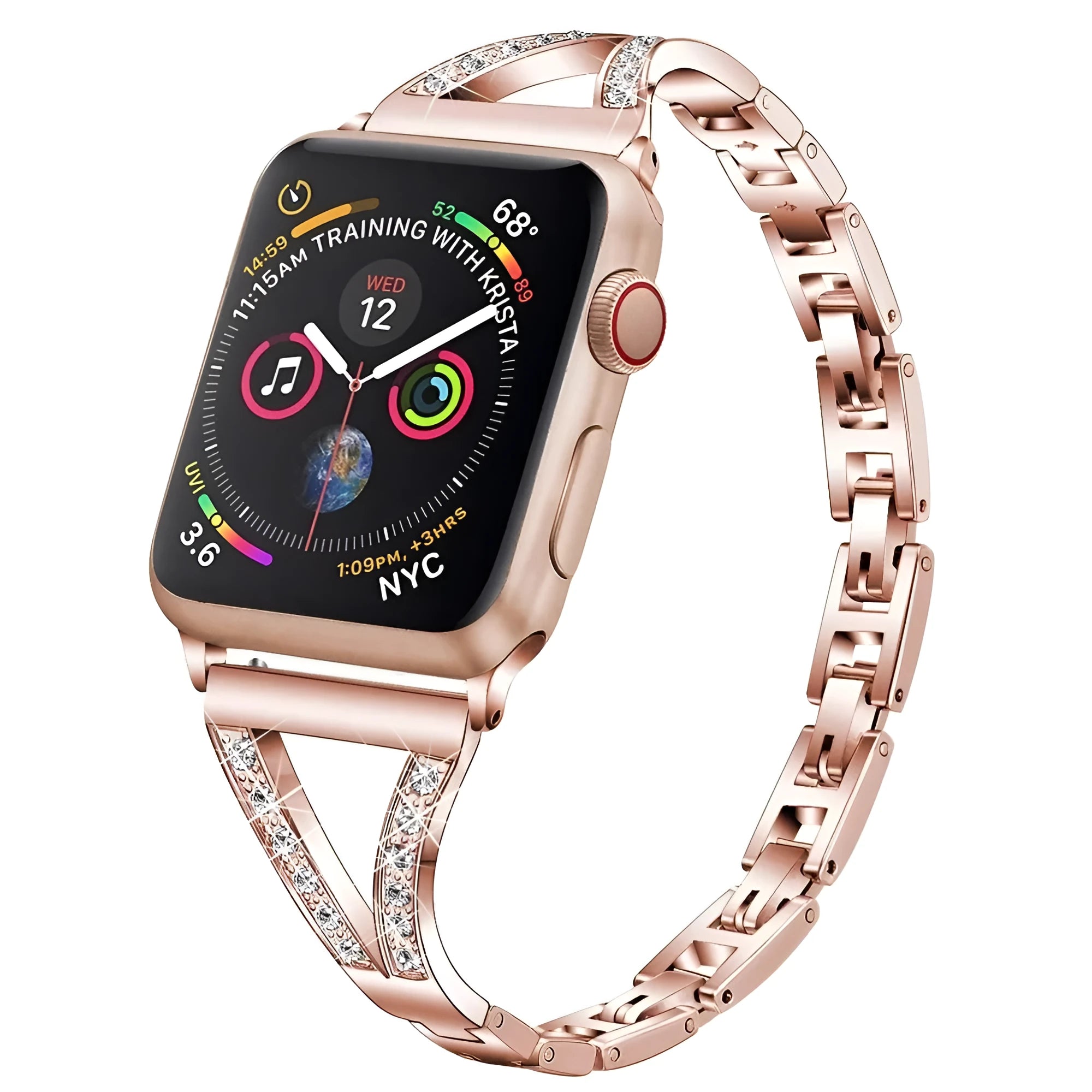Diamond-studded stainless steel watch strap in rose gold colour on a 40mm watch case