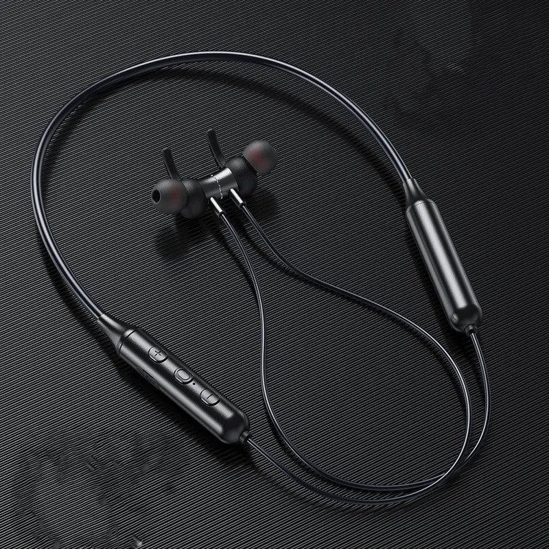 Magnetic sucker neck sports Bluetooth headset in black with necklace-style band and earbuds clipped together